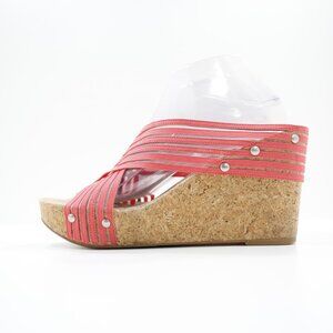 Lucky Brand Miller-2 Pink Mesh 4" Cork Wedge Heel Sandals - 10